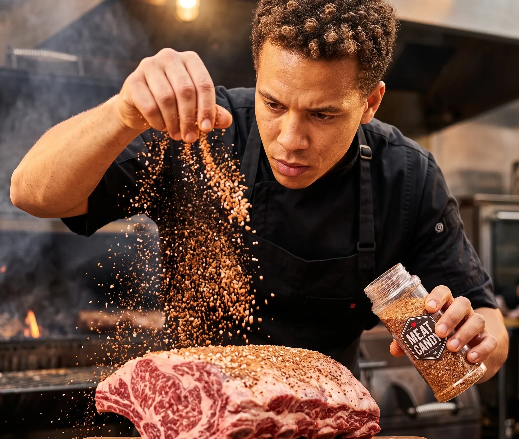 Our pitmaster at work, seasoning a raw brisket with Meat Candy BBQ rub.