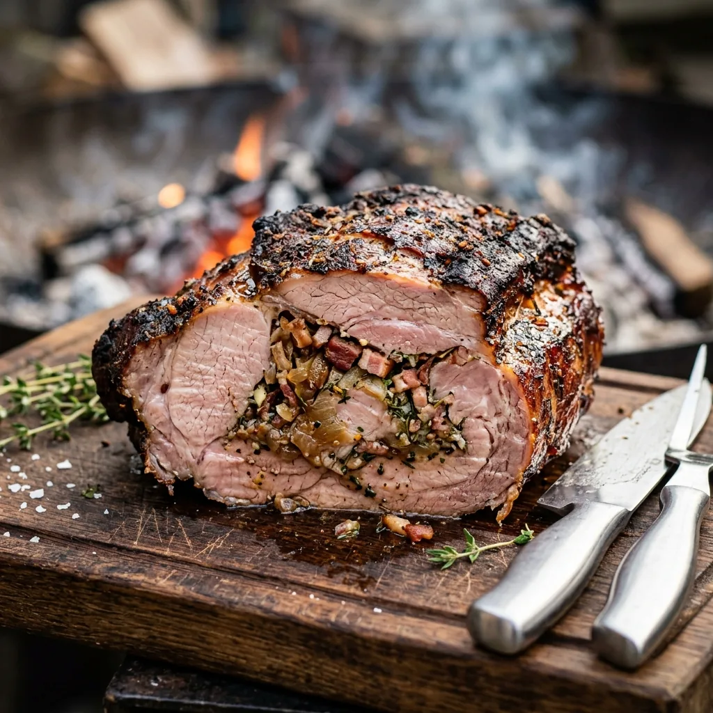 Hunsrücker Ash-Baked Pork Roast (Hunsrücker Aschenbraten) sliced open with juicy custom stuffing