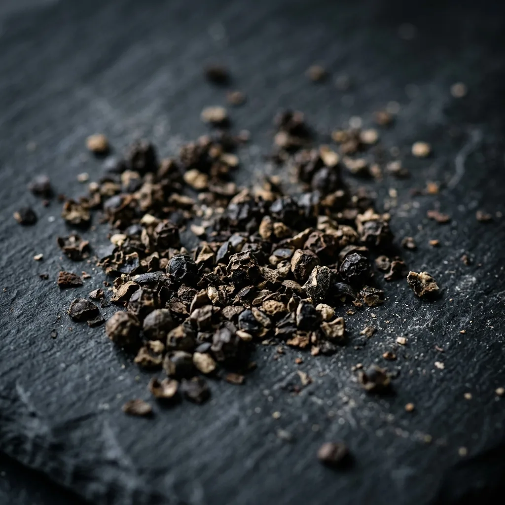 Macro shot of crushed 16-mesh black pepper