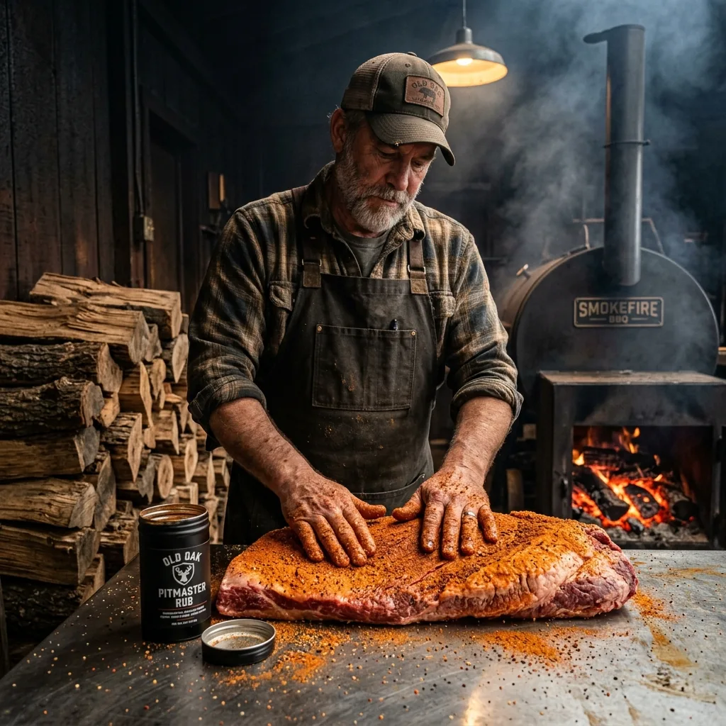 Meat Candy Pitmaster hand-rubbing raw brisket with spice rub beside hickory wood logs